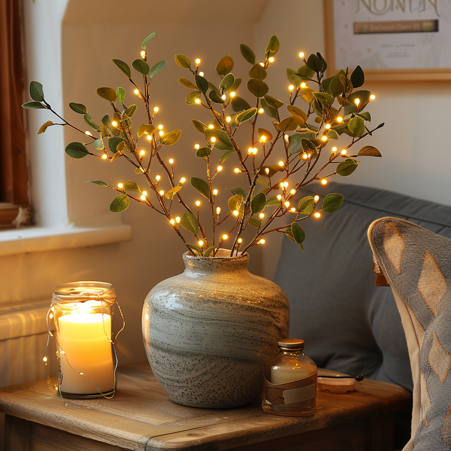 LED Fairy Light Olive Branch Decor - Battery Operated String Lights for Home, Wedding, and Party Decorations