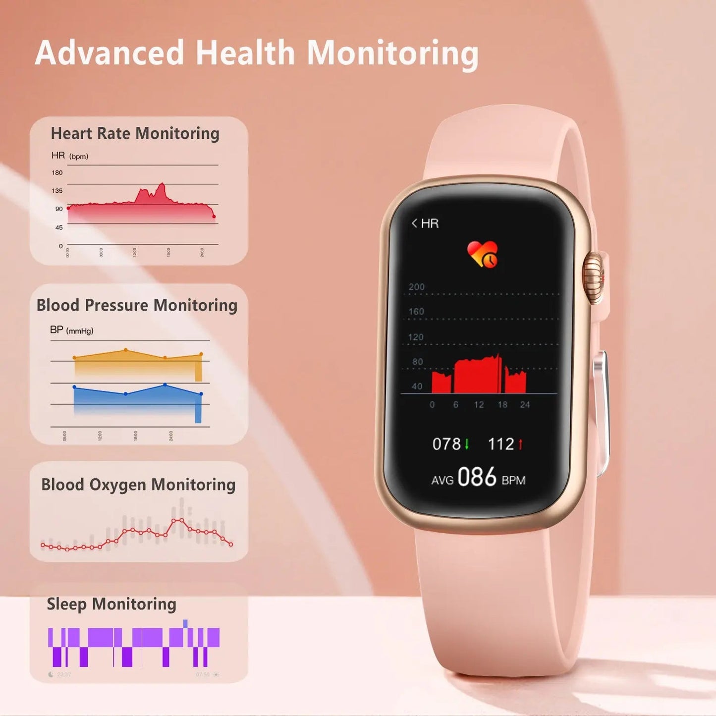 Slim Fitness Tracker with Blood Oxygen, Blood Pressure, 24/7 Heart Rate and Sleep Tracking, IP68 Waterproof Activity Trackers and Smart Watches with Step Tracker, Pedometer for Women Kids-Pink