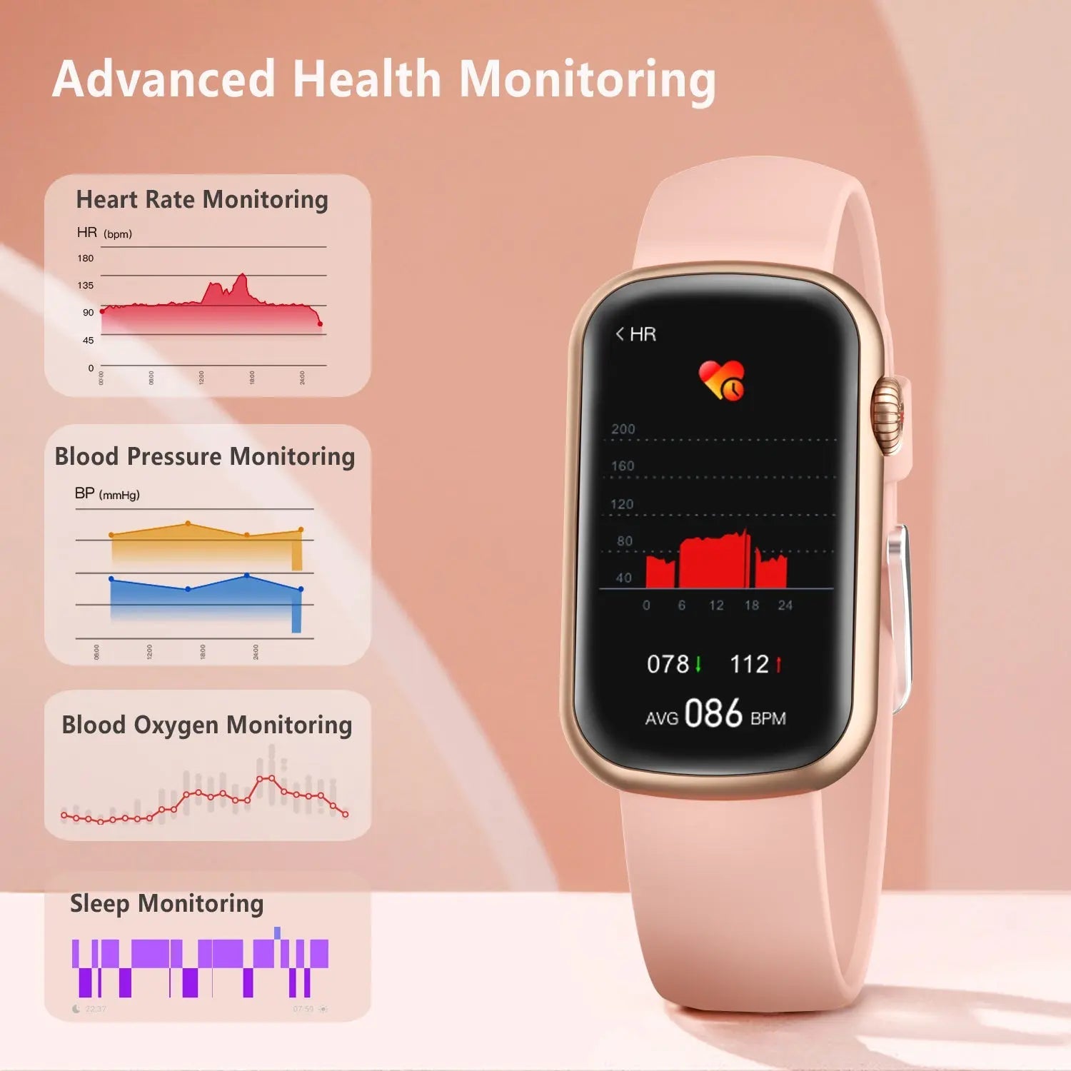 Slim Fitness Tracker with Blood Oxygen, Blood Pressure, 24/7 Heart Rate and Sleep Tracking, IP68 Waterproof Activity Trackers and Smart Watches with Step Tracker, Pedometer for Women Kids-Pink