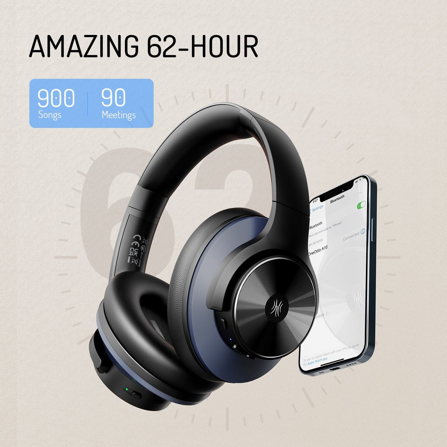 OneOdio A-Series Active Noise Cancelling Wireless Headphones – Over-Ear Comfort | Bluetooth 5.0 - Built-in Microphone, Type C Charging & Carry Case