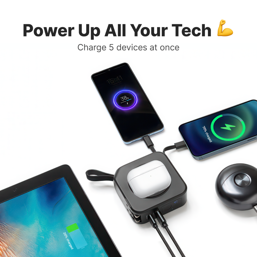 TravelBank | Portable 5-in-1 Wall Charger | Wireless Charging, Power Bank & Multi-Device Charging