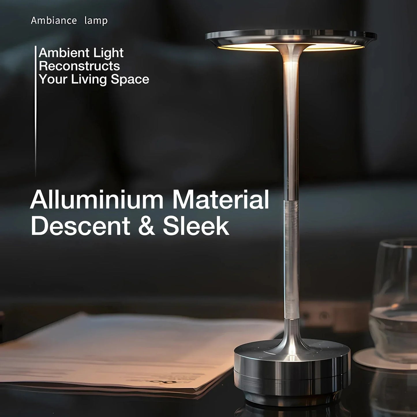 Cordless Rechargeable Modern Aura Table Lamp with Touch Controls | Wireless LED Light for Modern Side Tables and Office Desks | Minimalist Table Lamp